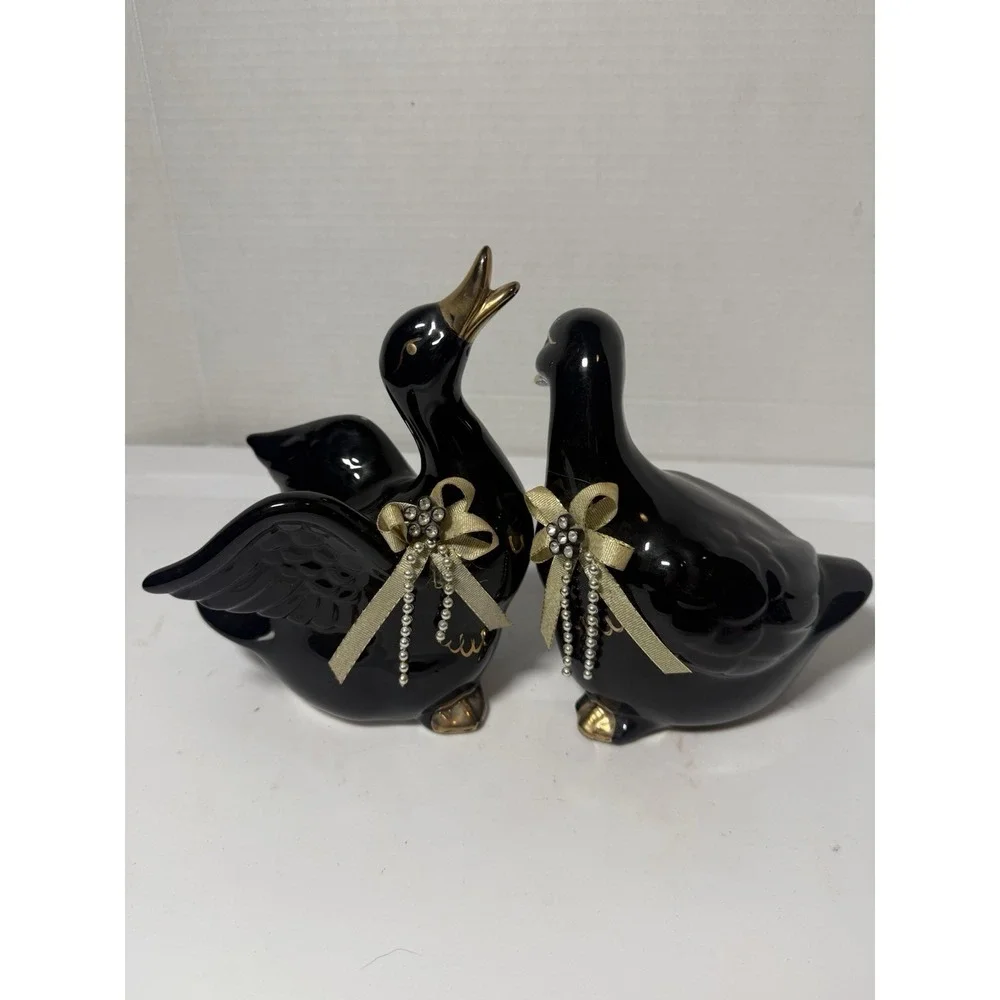 VTG Black Gold Ceramic Ducks Set Animal Figurines Made In Taiwan 6